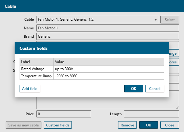 Adding custom data fields for cable in the custom fields dialog. Adding custom data fields for cable in the custom fields dialog.