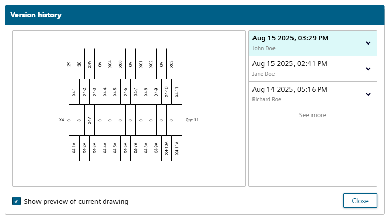 View your drawing’s version history and revert to a previous version if needed. View your drawing’s version history and revert to a previous version if needed.